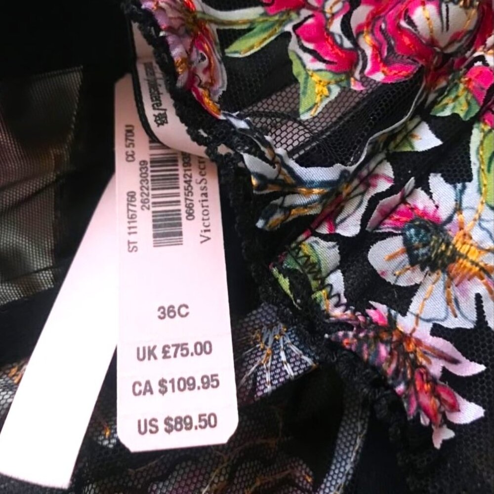 36C VICTORIA'S SECRET Dream Angels Unlined Bra Top Black Pink Floral Embroidered - Picture 8 of 8